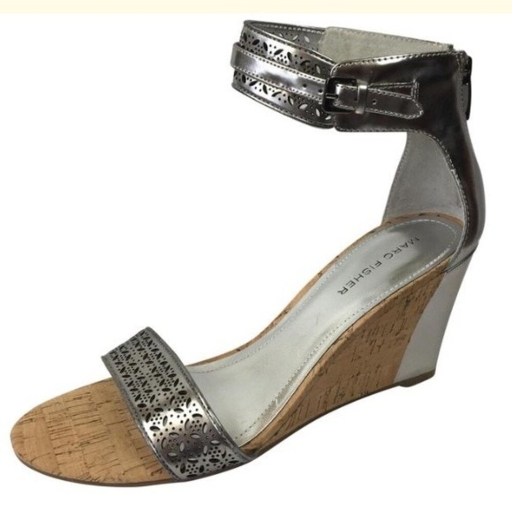 Marc Fisher Silver Metallic Ankle Strap High Heel Sandals Shoes 8.5